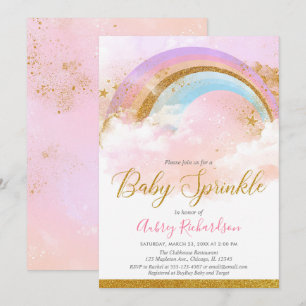 Rainbow baby sprinkle girl pastel pink gold invitation