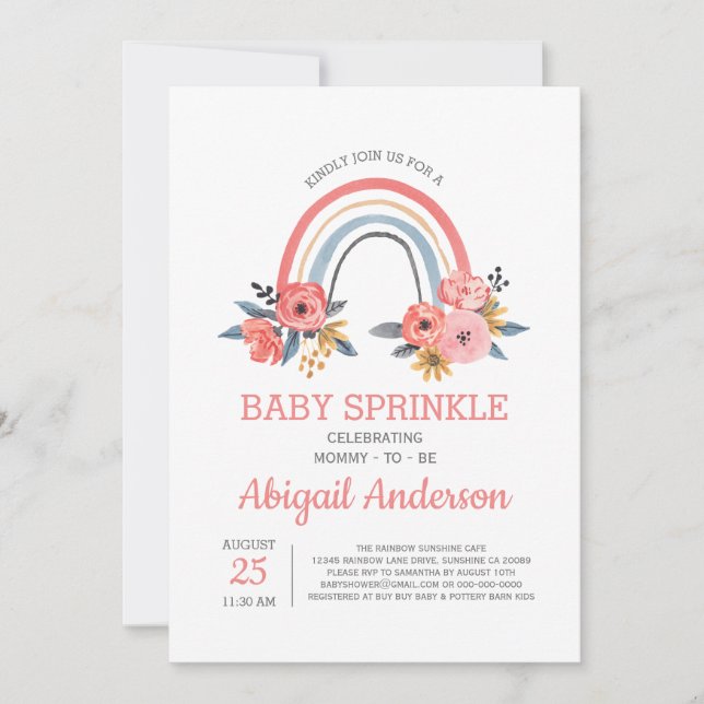 Rainbow Baby Sprinkle Stylish Modern Floral Invitation (Front)