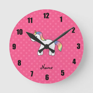 Rainbow baby unicorn pink polka dots round clock
