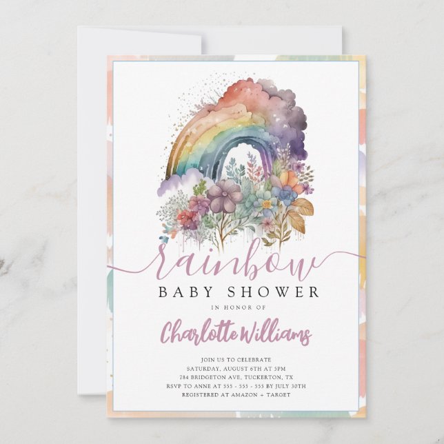 Rainbow Baby Watercolor Floral Baby Shower Invitation (Front)