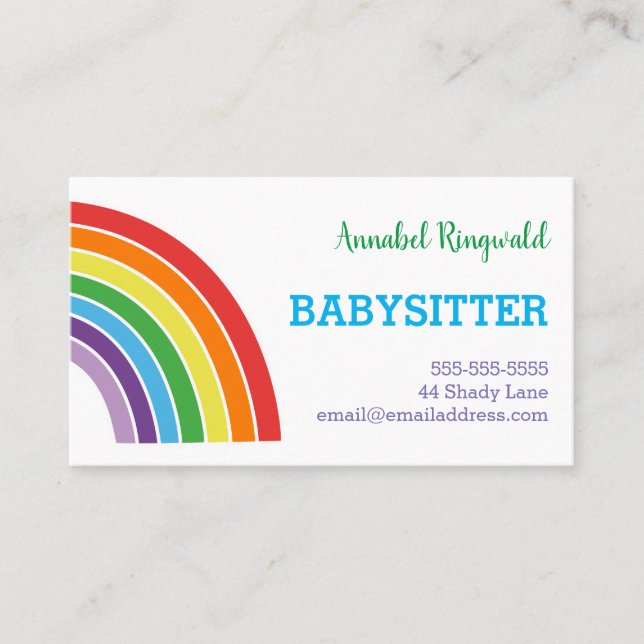 Rainbow Babysitter Childcare Provider Pretty Business Card (Front)