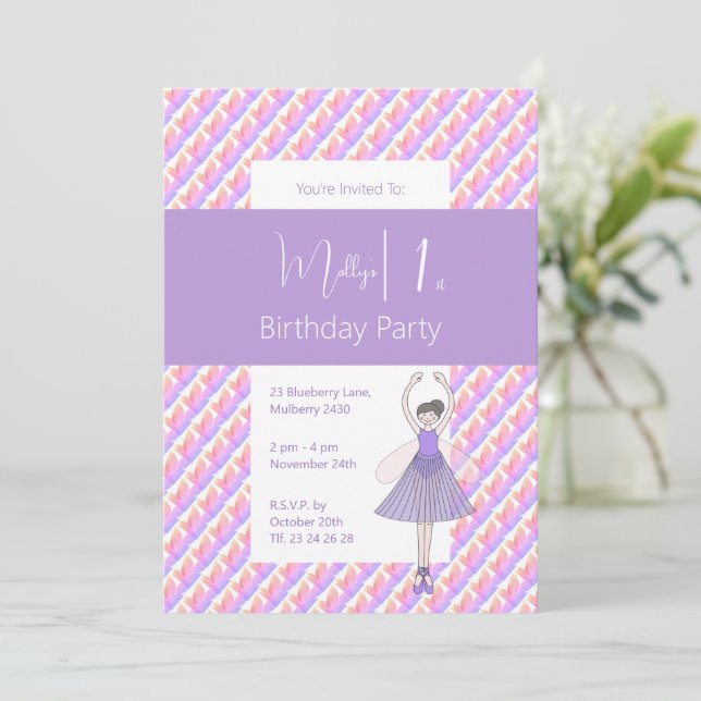 Rainbow Ballerina Fairy Purple Girls 1st Birthday Invitation (Standing Front)