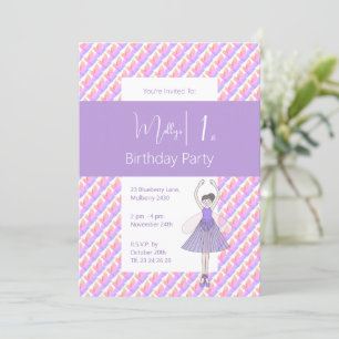 Rainbow Ballerina Fairy Purple Girls 1st Birthday Invitation