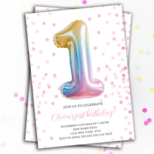 Rainbow Balloon 1st Birthday Girl Party Number Invitation