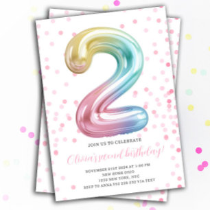 Rainbow Balloon 2nd Birthday Girl Party Number Invitation