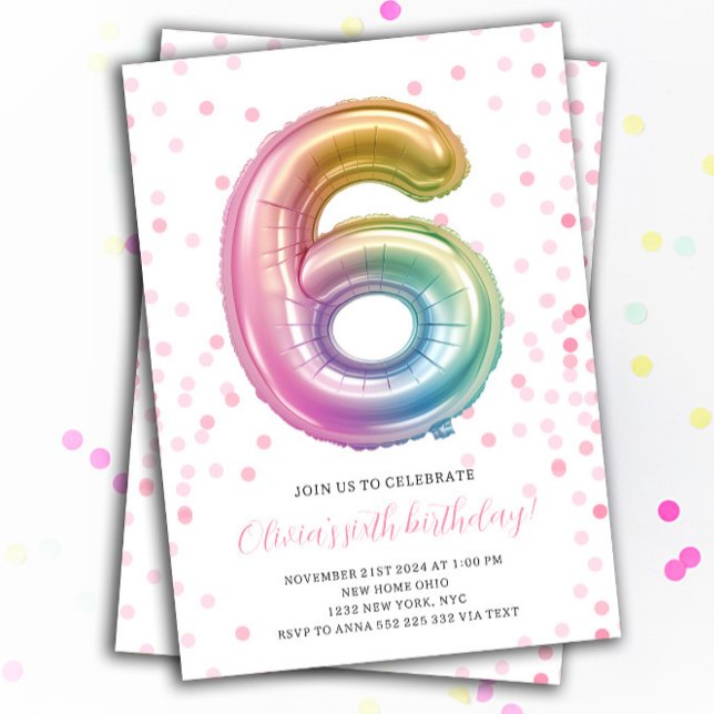 Rainbow Balloon 6th Birthday Girl Party Number Invitation (6th Rainbow Balloon Number Girl party Birthday Invitations)