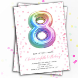 Rainbow Balloon 8th Birthday Girl Party Number Invitation
