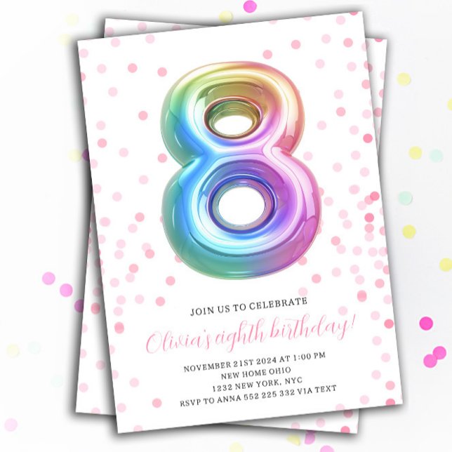 Rainbow Balloon 8th Birthday Girl Party Number Invitation (8th Rainbow Balloon Number Birthday Invitation)