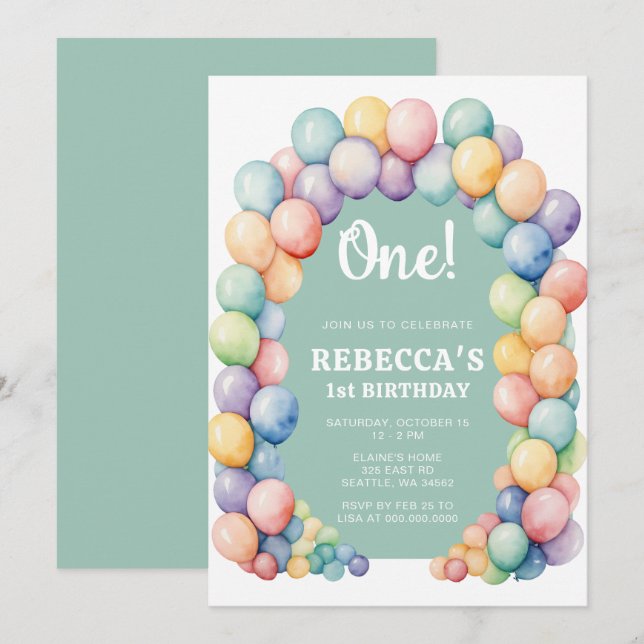 Rainbow Balloon Arch Any Age Birthday Invitation (Front/Back)