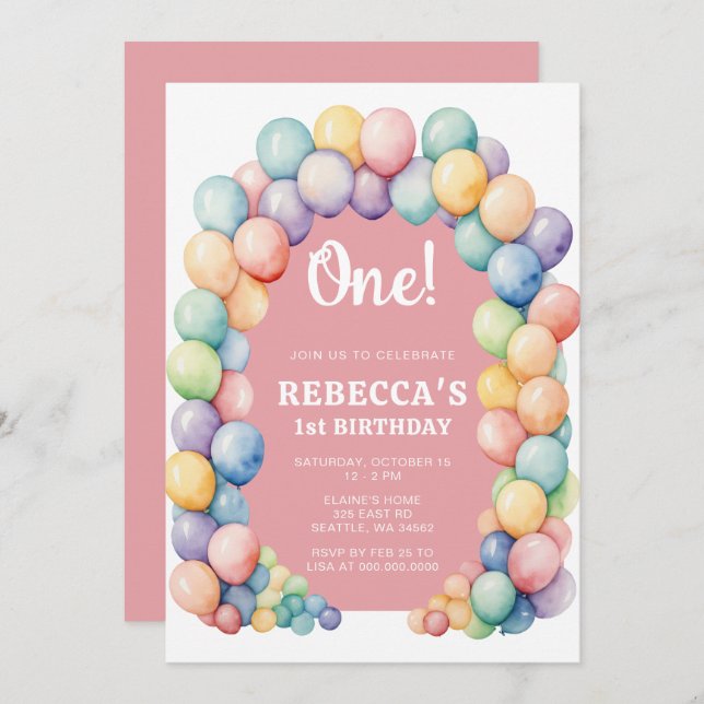Rainbow Balloon Arch Any Age Birthday Invitation (Front/Back)