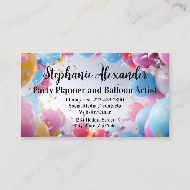 Rainbow Balloon Arch Artist Birthday Party Planner Business Card (Front)