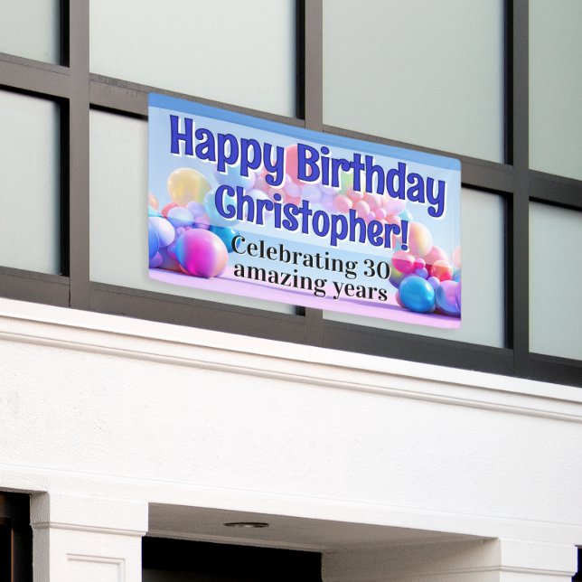 Rainbow Balloon Arch Custom Happy Birthday Party Banner (Outside Building)