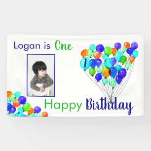Rainbow BALLOON Boy 1st Birthday Photo Blue Green Banner