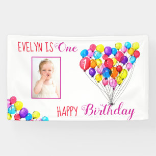 Rainbow BALLOON Girl 1st Birthday Photo Pink Banner