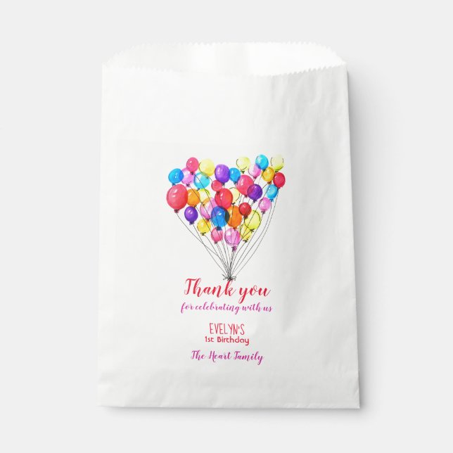 Rainbow BALLOON Girl 1st Birthday Pink Thank You Favour Bags (Front)