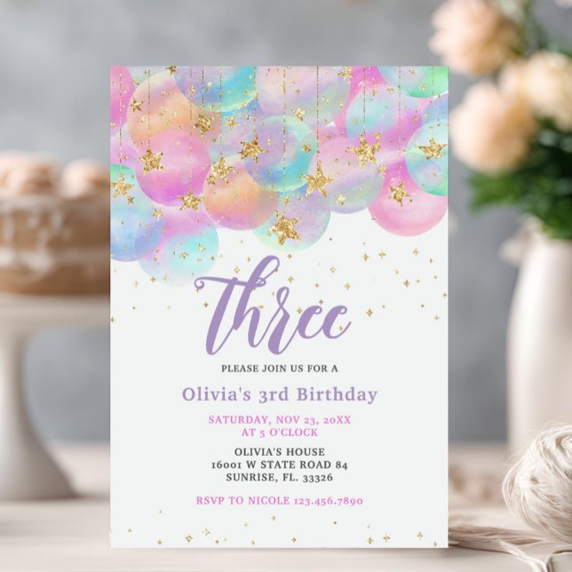 Rainbow Balloon Pink 3rd Birthday Party  Invitation (Creator Uploaded)