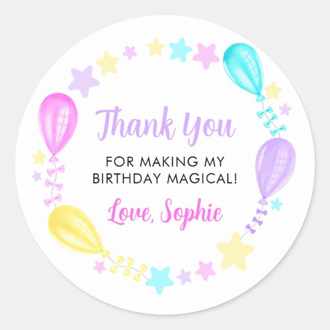 Rainbow Balloons and Stars Thank You Classic Round Sticker (Front)