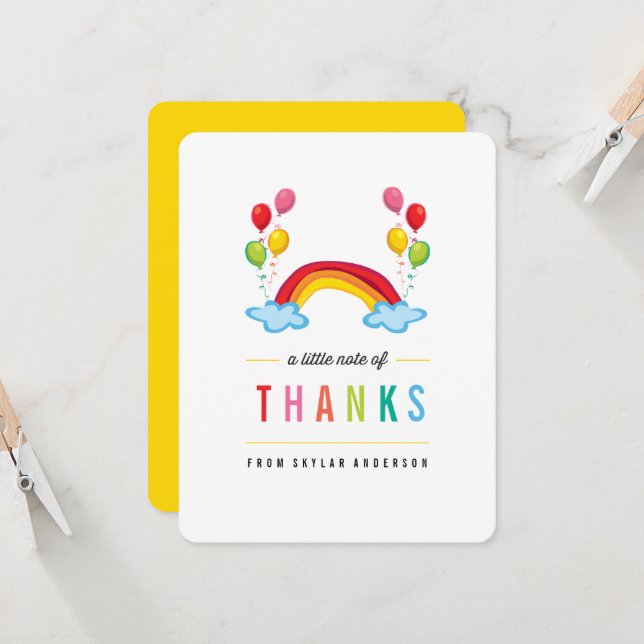 Rainbow & Balloons Birthday Thank You Note Card (Front/Back In Situ)