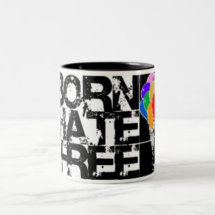 rainbow balloons. born hate free. black. Two-Tone coffee mug