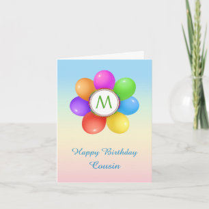 Rainbow balloons flowe Cousin Monogram Birthday Card
