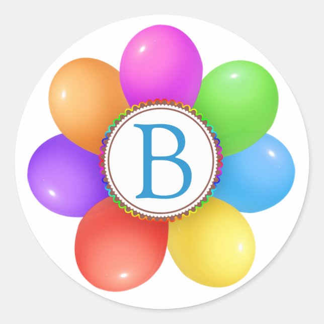 Rainbow balloons flower monogram Birthday Classic Round Sticker (Front)