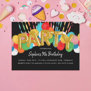 Rainbow Balloons Kids Birthday Party Black Invitation