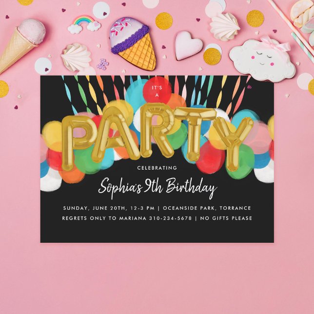 Rainbow Balloons Kids Birthday Party Black Invitation (Creator Uploaded)