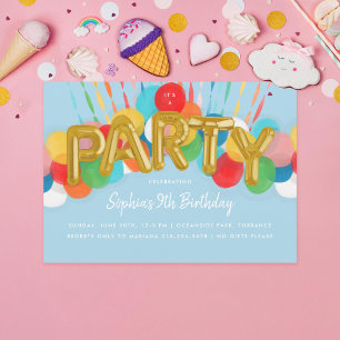 Rainbow Balloons Kids Birthday Party Sky Blue Invitation