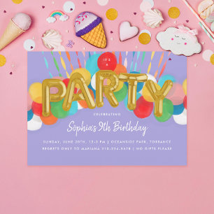 Rainbow Balloons Kids Purple Birthday Party Invitation