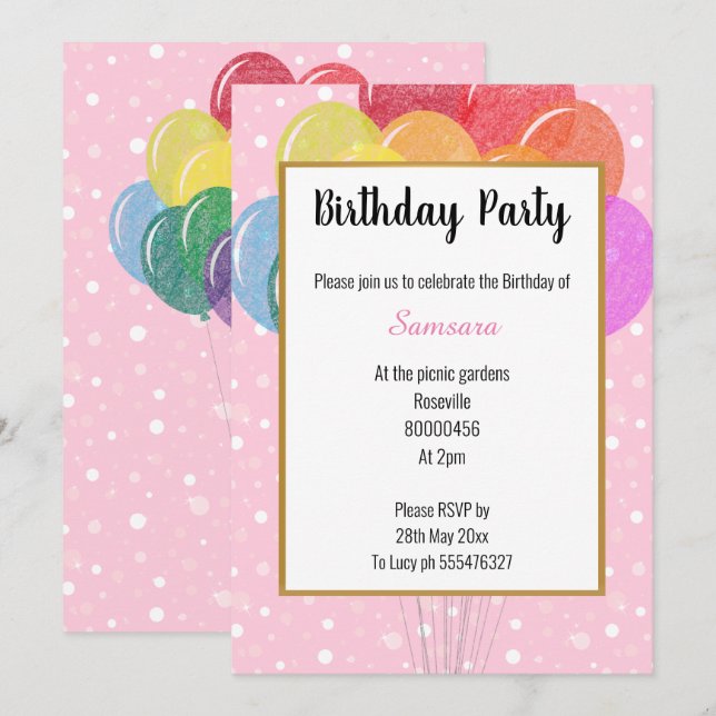 Rainbow Balloons Pink Bubble Birthday Invitation (Front/Back)