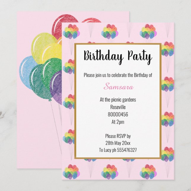 Rainbow Balloons PINK MULTIPLE  Birthday Invitation (Front/Back)