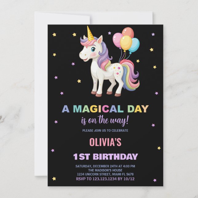 Rainbow Balloons Unicorn Birthday Invitations (Front)
