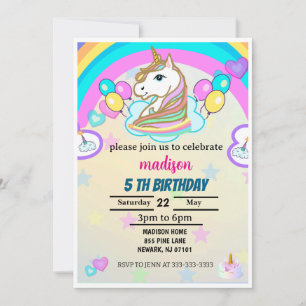 Rainbow Balloons Unicorn Pink Birthday Party Girl  Invitation