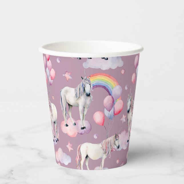 Rainbow Balloons Unicorn Pink Birthday Party Girl Paper Cups (Front)