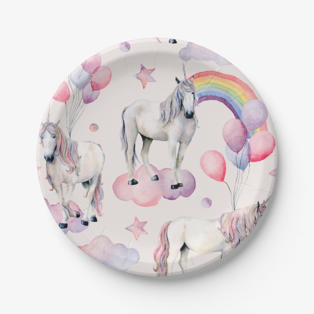 Rainbow Balloons Unicorn Pink Birthday Party Girl Paper Plate (Front)