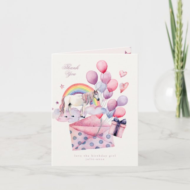 Rainbow Balloons Unicorn Pink Birthday Party Girl Thank You Card (Front)