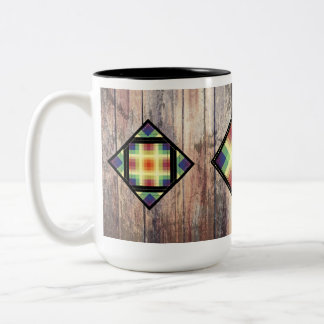 Rainbow barn quilts against barn wood Two-Tone coffee mug