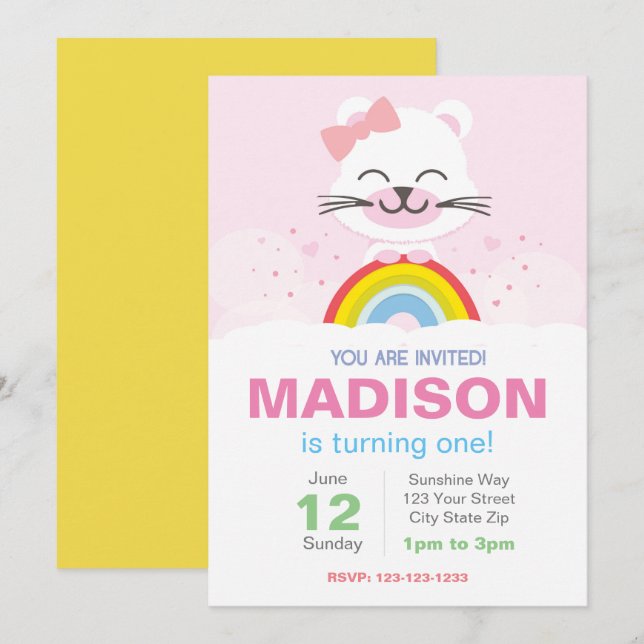 Rainbow Bear Birthday Invitation (Front/Back)