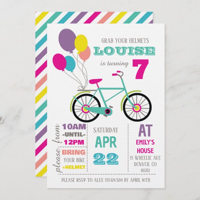 Rainbow Bicycle Birthday Party Invitation (Front/Back)