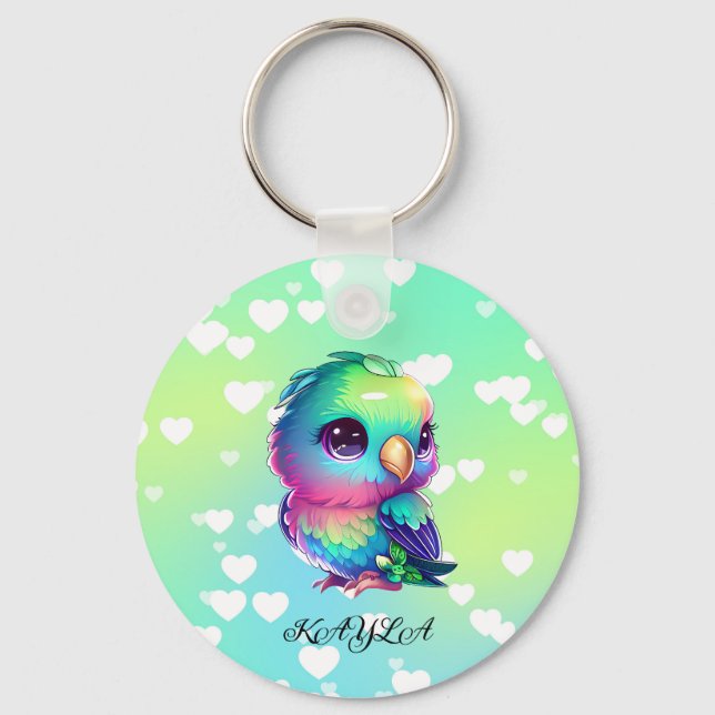 Rainbow bird & hearts  keychain (Front)