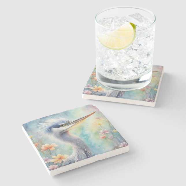 Rainbow Birds Blue Heron 1 Stone Coaster (Side)