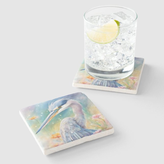 Rainbow Birds Blue Heron 2 Stone Coaster (Side)