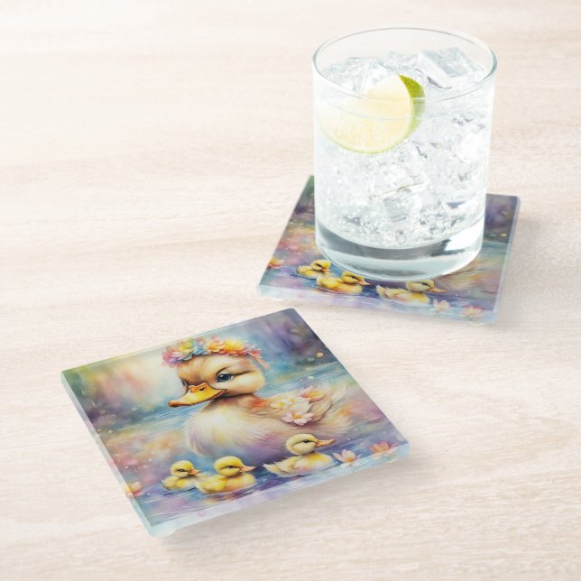 Rainbow Birds Duck 5 Glass Coaster (Angled)
