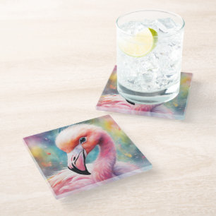 Rainbow Birds Flamingo 2 Glass Coaster
