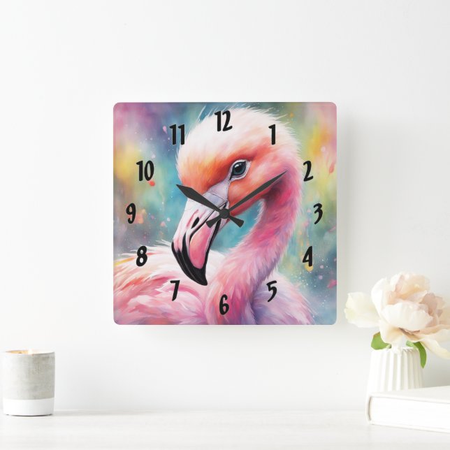 Rainbow Birds Flamingo 2 Square Wall Clock (Home)