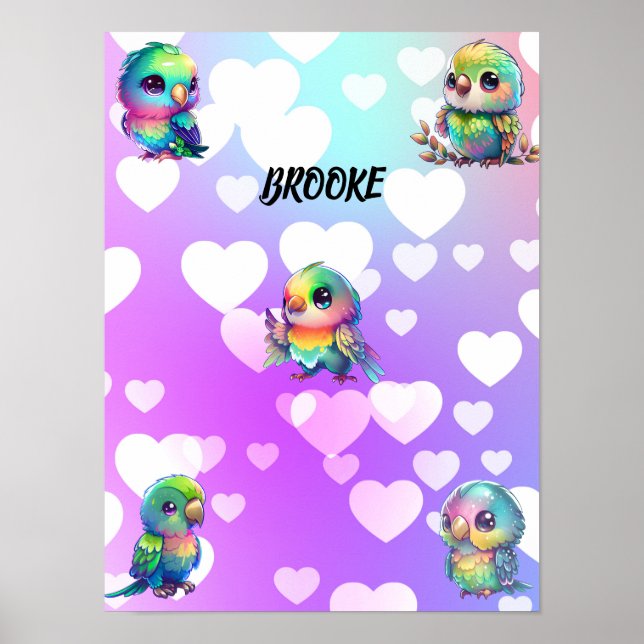 Rainbow Bird's & Hearts Personalised Poster (Front)