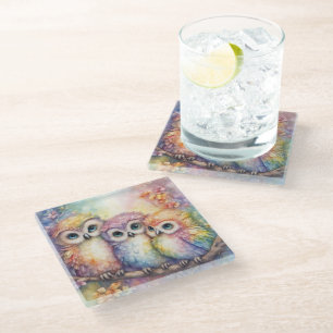 Rainbow Birds Owls 1 Glass Coaster
