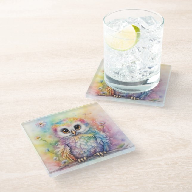 Rainbow Birds Owls 2 Glass Coaster (Angled)