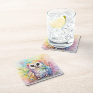 Rainbow Birds Owls 2 Square Paper Coaster