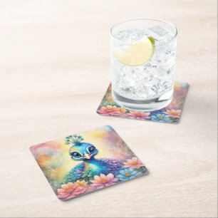 Rainbow Birds Peacock 1 Square Paper Coaster